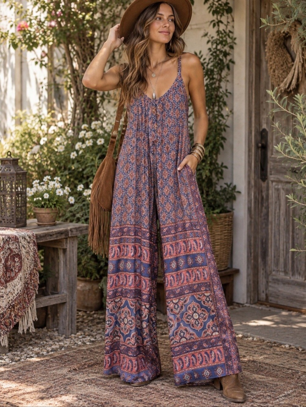 Karma Highway Bohemian Printed  Romper in Blue and Coral One Size